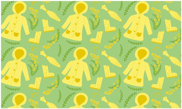 A green background with yellow raincoats and a pair of boots.