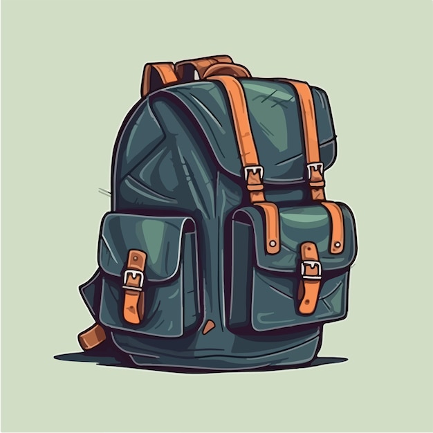 A green backpack with a brown strap and orange straps sits on a green background.