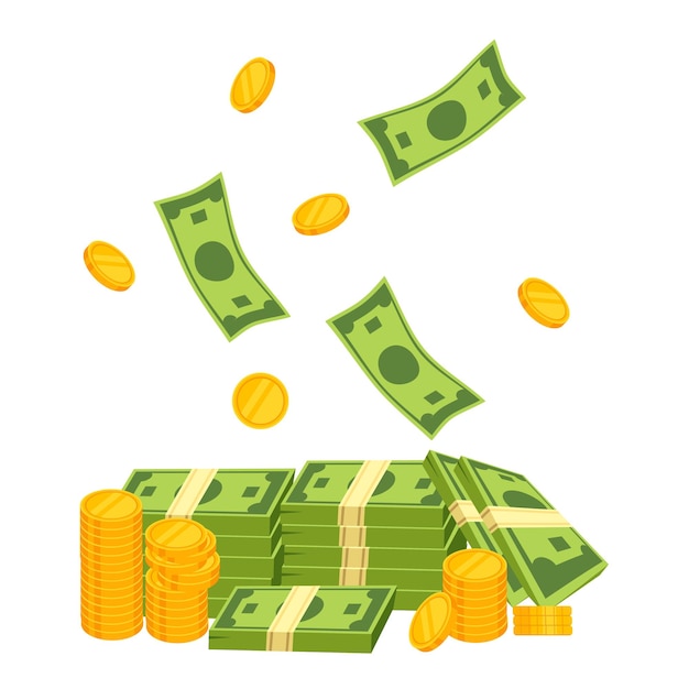 Green banknotes and gold coins cartoon vector illustration bills are flying and coins are rolling a lot of money