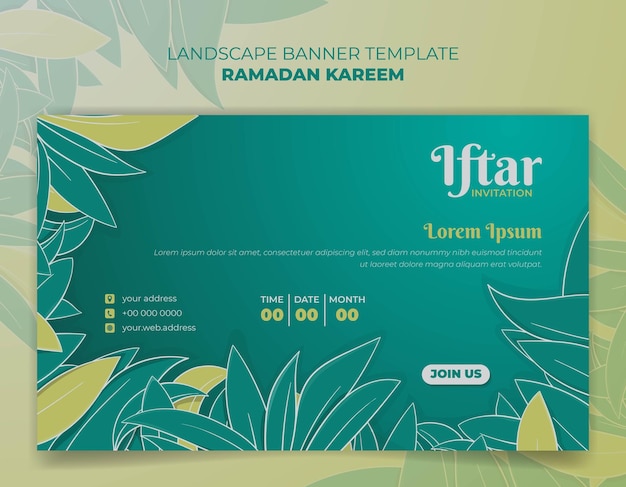 Green banner template for ramadan kareem with green hand drawn leaves background design
