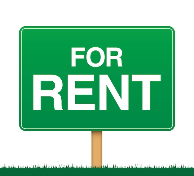 Green banner with for rent text standing on grass property renting placard vector illustration