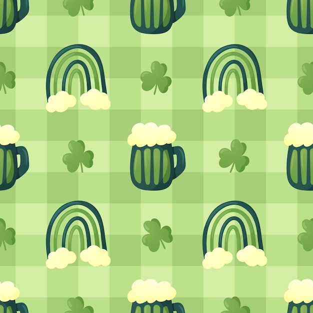 Green beer mug clover and rainbow Seamless pattern Cute flat St Patricks day Checkered background