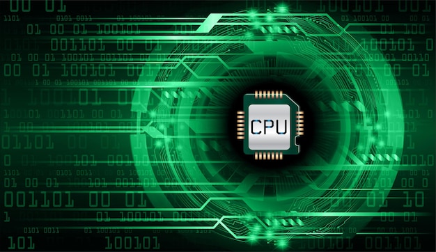 Uno sfondo verde e nero con una cpu al centro e la parola cpu in basso.