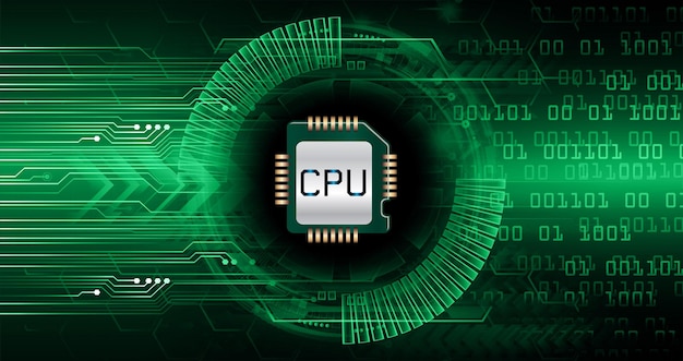 緑と黒の背景で、中央に cpu があり、下部に cpu という単語があります。