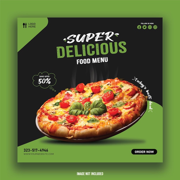 A green and black box that says super delicious food menu.