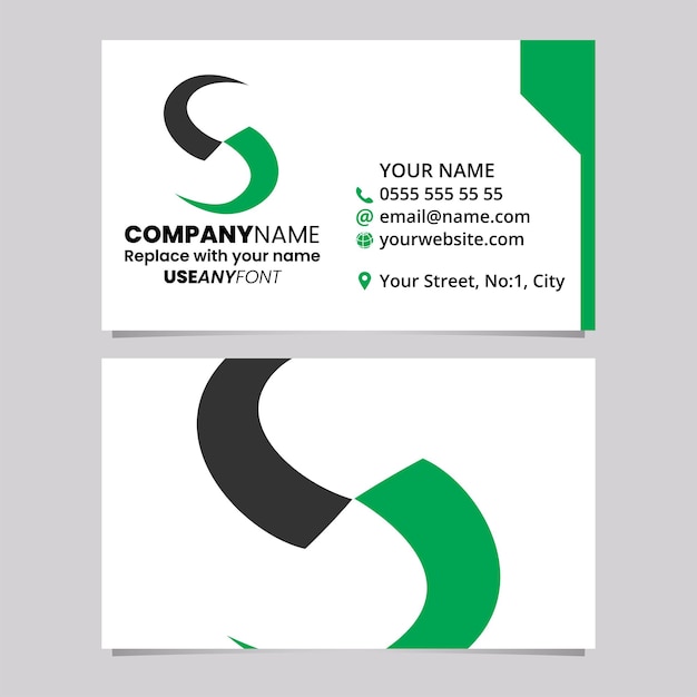 Green and Black Business Card Template with Blade Shaped Letter S Logo Icon