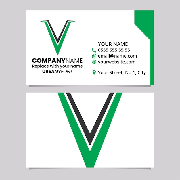 Green and Black Business Card Template with Spiky Shaped Letter V Logo Icon