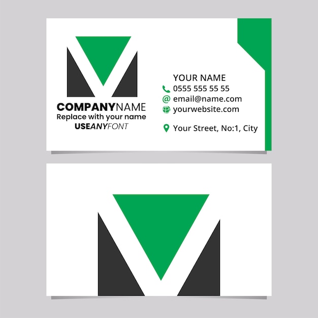 Green and Black Business Card Template with Square Letter V Logo Icon