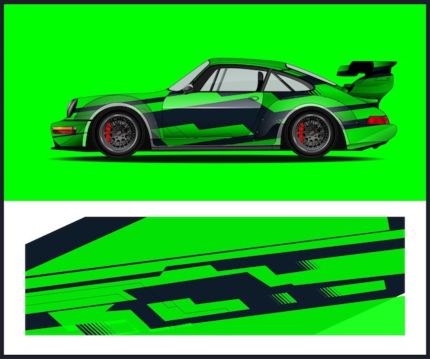 A green and black car has the word porsche on the side.