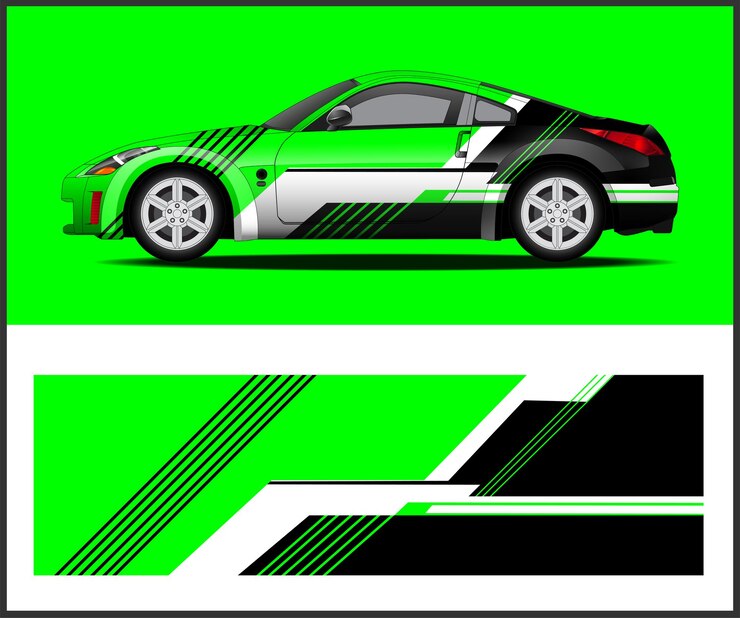 A green and black car with the word nissan on the side.