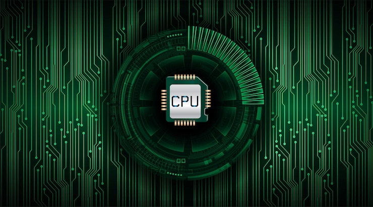 Vector a green and black computer chip with the word cpu on it.