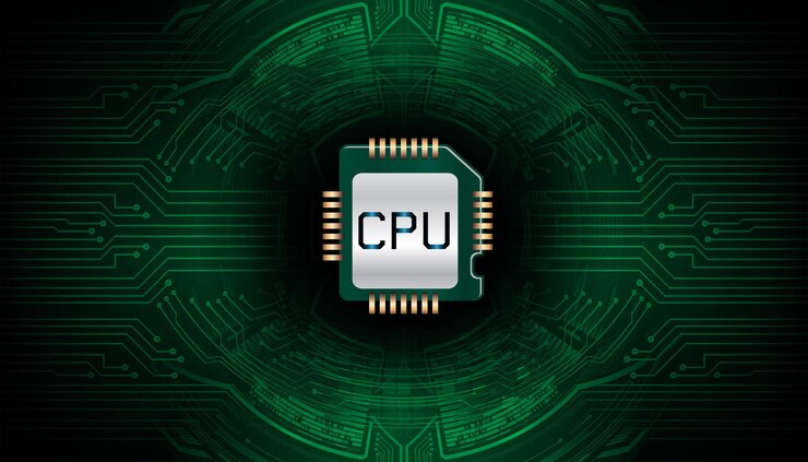 Vector a green and black computer with the word cpu on it.
