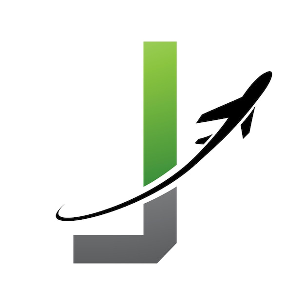 Green and Black Futuristic Letter J Icon with an Airplane on a White Background