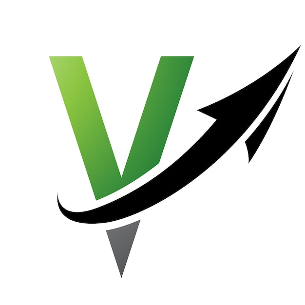 Green and black futuristic letter v icon with an arrow on a white background