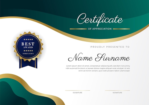 Green black and gold certificate of achievement border template with luxury badge and modern line pattern For award business and education needs Vector certificate template