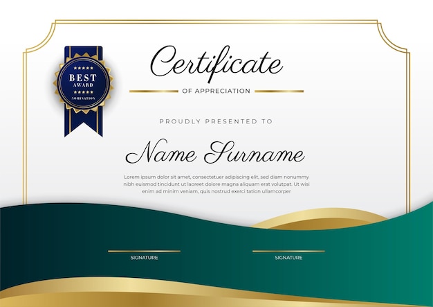 Green black and gold certificate of achievement border template with luxury badge and modern line pattern For award business and education needs Vector certificate template