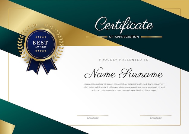 Green black and gold certificate of achievement border template with luxury badge and modern line pattern For award business and education needs Vector certificate template