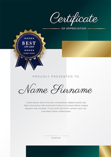 Green black and gold certificate of achievement border template with luxury badge and modern line pattern For award business and education needs Vector certificate template