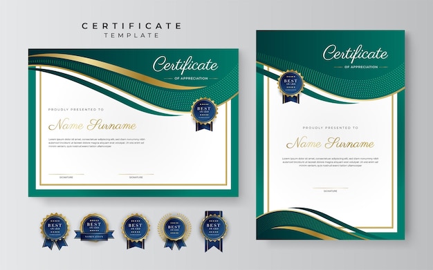 Green black and gold certificate of achievement border template with luxury badge and modern line pattern For award business and education needs