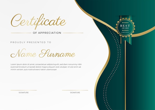 Green black and gold certificate of achievement border template with luxury badge and modern line pattern For award business and education needs