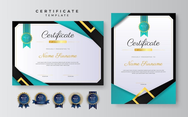 Modello di confine verde nero e oro certificato di conseguimento con badge di lusso e motivo a linee moderne per esigenze aziendali e educative
