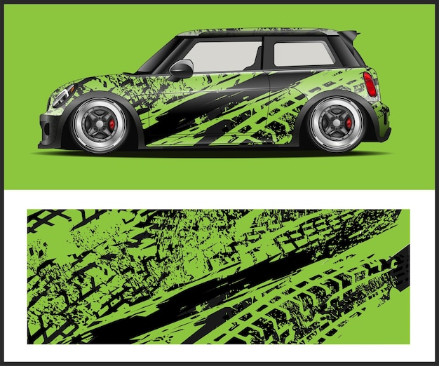 A green and black mini cooper with the word mini on the side.