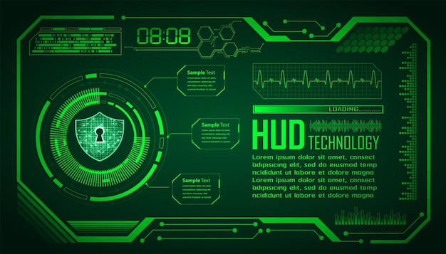 A green and black screen with a lock and the word hud technology on it.