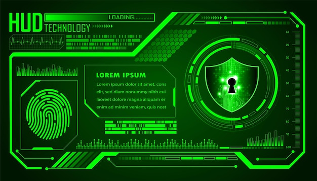 A green and black technology screen with a keyhole and a shield.