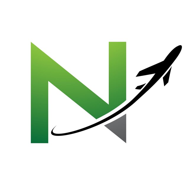 Green and Black Uppercase Letter N Icon with an Airplane