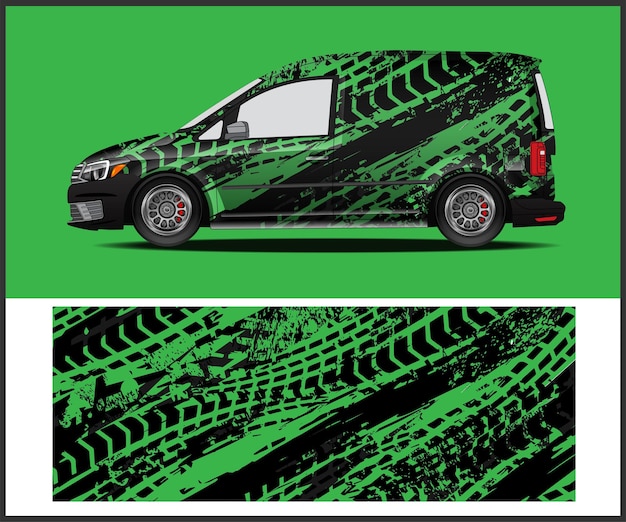 A green and black van with the word tires on it