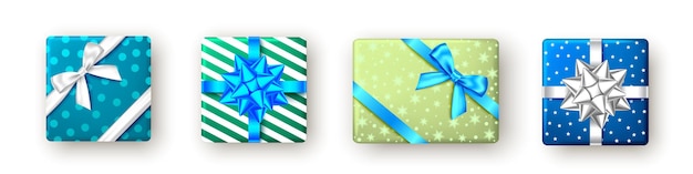 Зеленая, синяя подарочная коробка с лентой и бантом, вид сверху. рождество, новогодняя вечеринка, с днем рождения, день отца или пасхальный дизайн упаковки. настоящее время, изолированные на белом фоне. вектор.