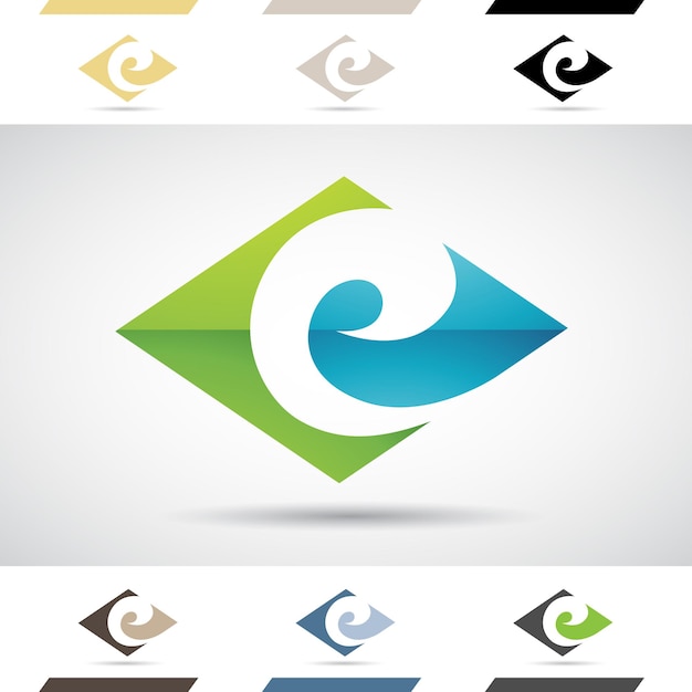 Зеленая и синяя глянцевая абстрактная икона логотипа Swirly Letter E в горизонтальной ромбовидной форме