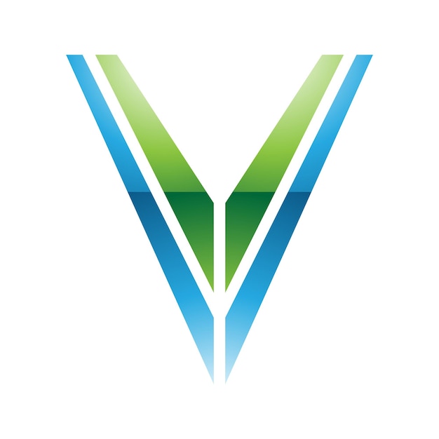 Vector green and blue glossy striped shaped letter v icon