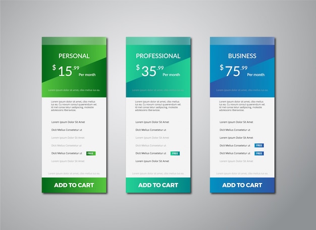 Vector green and blue price table template