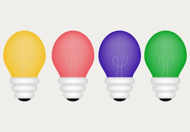 Green blue red and yellow transparent light bulbs transparent gray background Energy and idea symbol colorful light bulbs