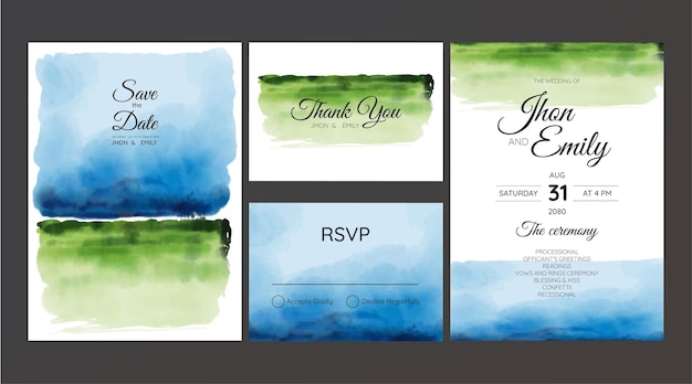 Green and blue wedding set with a beautifully handdrawn watercolor background