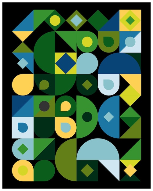Зеленый, синий и желтый дизайн геометрических узоров с основными классическими формами.