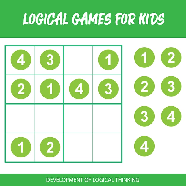 A green board with the words " logical games for kids " on it.