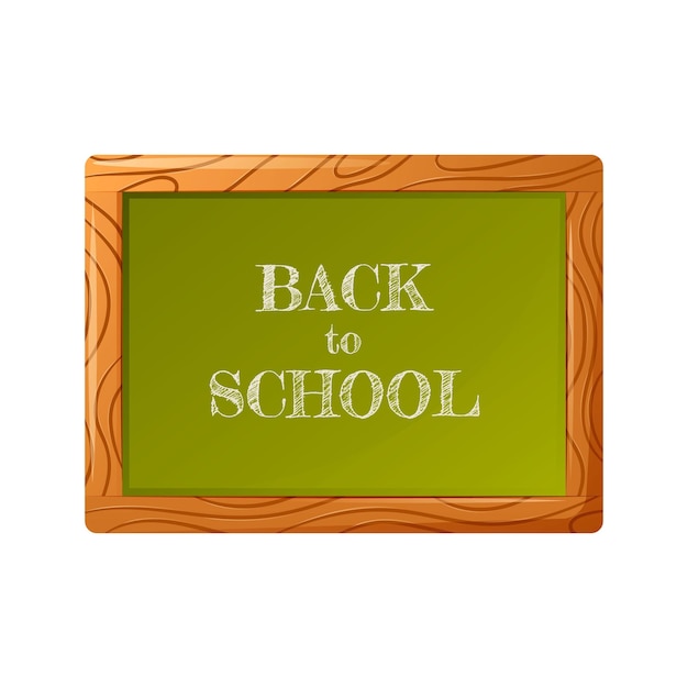 Green board in a wooden frame with text back to school. Vector illustration, cartoon style.