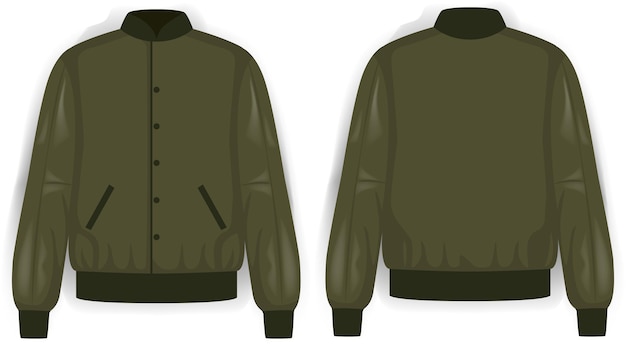 녹색 폭격기 재킷 군대 전면 및 후면 보기, 벡터 모형 그림