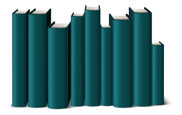 緑の本の背骨のモックアップ。白い背景で隔離の棚に立っているハードカバーのスタック