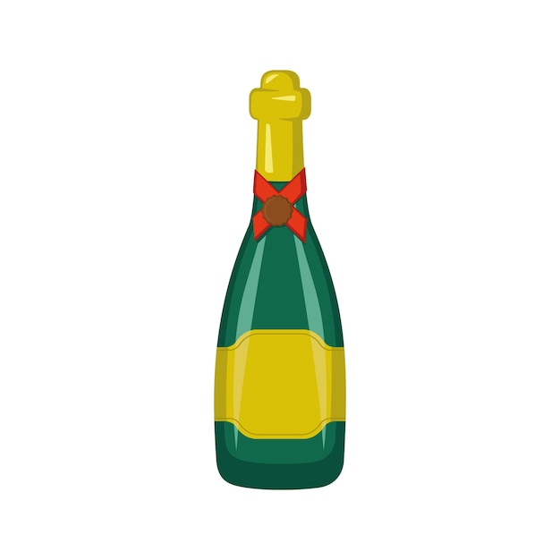 Green bottle of champagne or sparkling wine for holiday, party and birthday. Alcoholic drink with label and blank place for text. Vector flat illustration