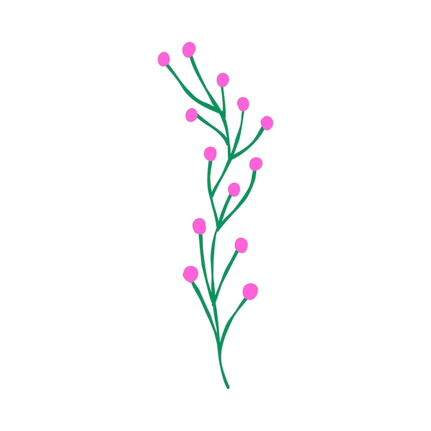 Green branch with pink berries Cartoon illustration in doodle hand drawn style