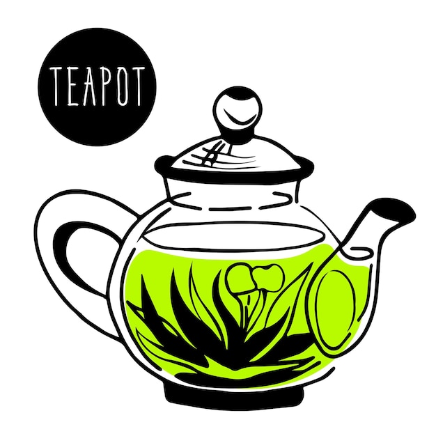 Green brewed tea in transparent teapot, kettle for tea ceremony at home. Hot drink, kitchen tools.