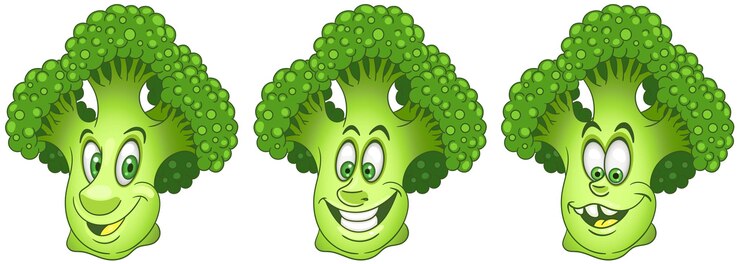 Vector green broccoli. cartoon emoji faces. funny vegetable characters.