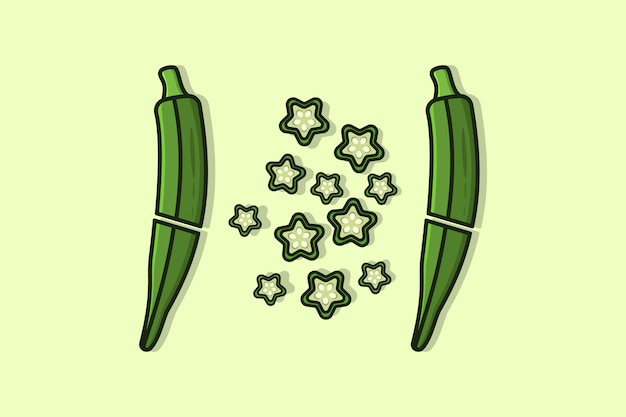 Green Broken Okra vegetable with Okra pieces vector illustration.