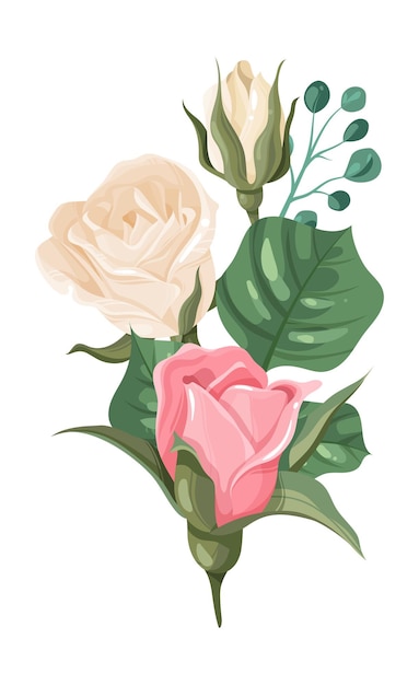 バラのつぼみとピンクの花が咲く緑のブランチ
