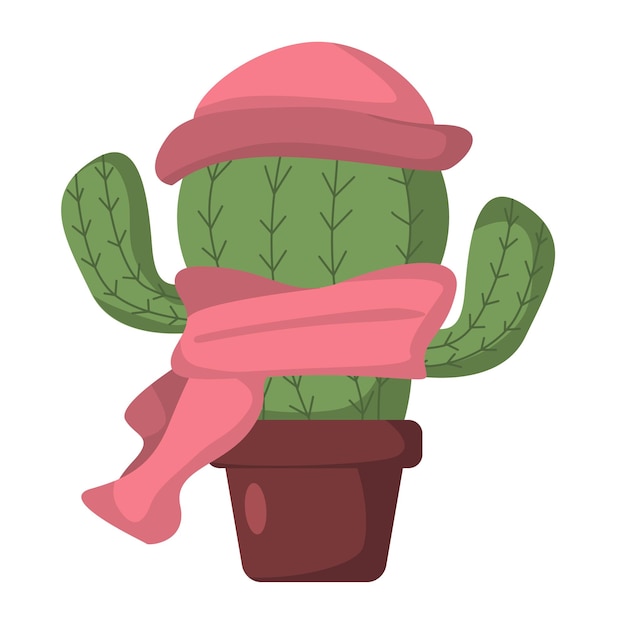 Green cactus in a pot in a pink hat and scarf in a flat style Vector image