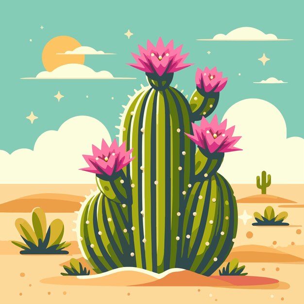 Vector green cactus with pin flowers and blue sky vector