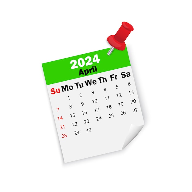 Green calendar 2024 April on pin. Vector illustration.